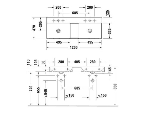 Duravit DuraSquare Раковина подвесная 120х47см, с отметками на 2 отв.,  двойная, без перелива, цвет: белый. 2353120040