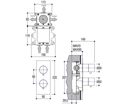 Ritmonio Diametro35 S Смеситель для душа, встраиваемый, термостатический, на 2-3 источника, внешняя часть, цвет: Brushed. PR47HG101IX