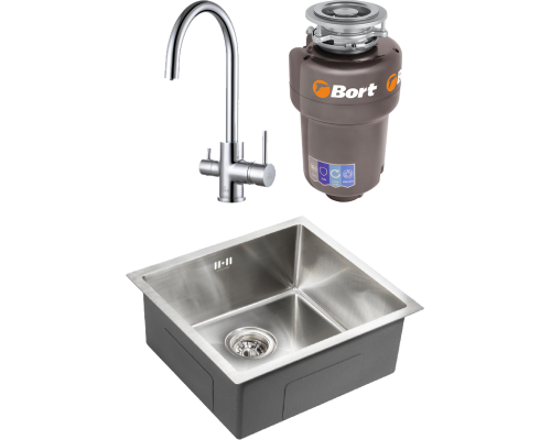 Комплект Мойка кухонная Paulmark Gerberg PM214844-BS брашированная нержавеющая сталь + Смеситель Essen Es213211-CR хром + Измельчитель Bort Titan Max Power FullControl
