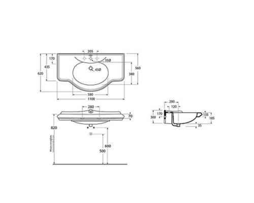 Azzurra Jubilaeum Раковина со спинкой 110x62 см, 3 отв., цвет: Bianco lucido. JULP1106200TBI (JUB200/110T bi)*3