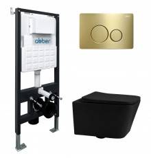 Комплект Abber Rechteck AC1201MB-AC0105-AC0121MMG, Унитаз подвесной безободковый, с микролифтом + Система инсталляции + Кнопка смыва матовое золото