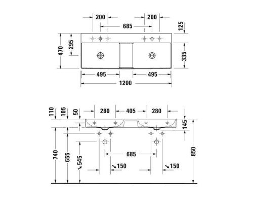 Duravit DuraSquare Раковина подвесная 120х47см, с отметками на 2 отв., двойная, без перелива, с крепежом, цвет: белый. 2353120014