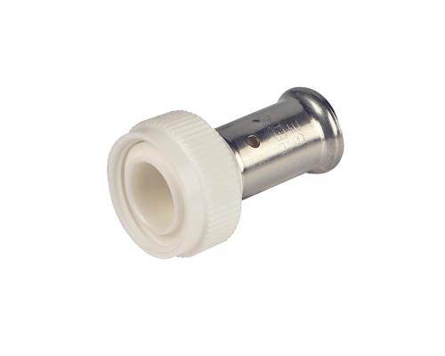 Пресс фитинг с накидной гайкой, плоское уплотнение, ПВДФ пресс (белый), 20x3/4 HENCO 26PKW-2005