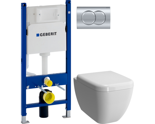 Комплект Унитаз подвесной VitrA Shift 7742B003-0075 белый глянцевый + Крышка 91-003-009 с микролифтом, петли хром + Инсталляция Geberit Duofix Delta 458.149.21.1 с кнопкой смыва, хром
