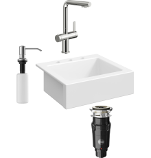 Комплект Мойка кухонная Domaci Сиена 50166-101 с 3 отверстиями, белый глянец + Измельчитель Равенна Vento Plus 560 + Смеситель STWORKI 23020-648/1BG-IG11 + Дозатор 401 сатин