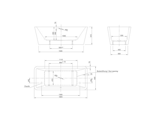 Knief Mood Ванна отдельностоящая 180х80х60см., с щелевым переливом, c комплектом крепления к полу, цвет: белый глянцевый. 0100-285