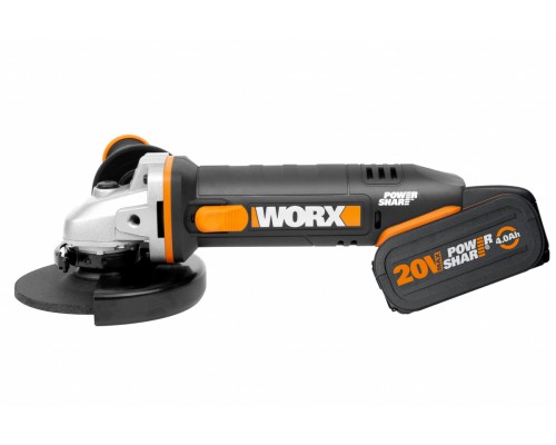 Угловая шлифмашина аккумуляторная WORX WX803, 20В, 125 мм, 1*2,0Ач + 1*4,0 Ач, кейс