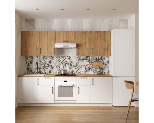 Кухонный гарнитур Domaci Болонья 260 см, фасад белый, дуб вотан, ручка черная, столешница дуб вотан KUH-1008844