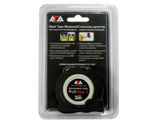 Рулетка ударопрочная ADA RubTape 3 с полимерным покрытием ленты (сталь, с двумя СТОПами, 3 м)