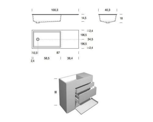 NOORTH milldue edition TOUCH Комплект мебели 100х40х88см, напольный, 3 ящика, слив в пол, раковина Milltek, смеситель H2O, цвет: Argilla матовый. 9612, 2918.2.16 NOORTH milldue edition TOUCH Комплект мебели 100х40х88см, напольный, 3 ящика, слив в пол, раковина Milltek, смеситель H2O, цвет: Argilla матовый. 9612, 2918.2.16