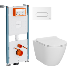 Комплект Унитаз подвесной VitrA Sanibelle 7551B003-0075 безободковый + Крышка 801-003-019 с микролифтом + Инсталляция V-Fix Core 732-5800-01PV + Кнопка Root Round 740-2200 белая глянцевая