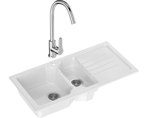 Комплект Мойка кухонная Domaci Сиена 54100-101 белый глянец + Смеситель Ливорно 33110-205/1CG-IG11
