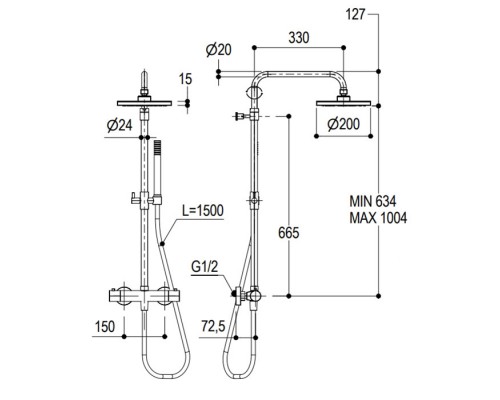 Ritmonio Shower column sets Душевая стойка, с термостатическим смесителем верхним душем из латуни D-20см., ручным душем, цвет: Brushed. 7ADN207IX