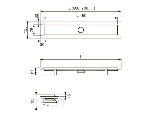 TECElinus Комплект для монтажа дренажного канала 2 в 1: основа для плитки tile и панель steel, 60см., цвет: хром. 15103069