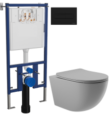Комплект Унитаз подвесной Aqueduto Ovo OVO0130 безободковый, с микролифтом, серый матовый + Инсталляция DIWO 4501 + Кнопка 7323 черная матовая