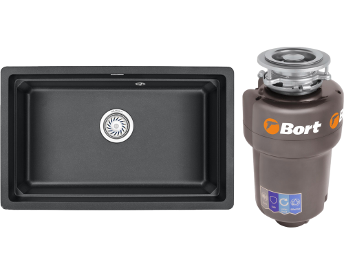 Комплект Мойка кухонная Granula Kitchen Space 7303U, черный + Измельчитель Bort Titan 5000