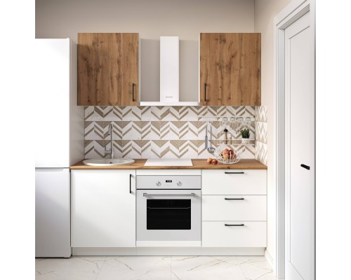 Кухонный гарнитур Domaci Болонья 180 см, фасад белый, дуб вотан, ручка черная, столешница дуб вотан KUH-767517