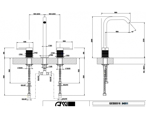 Gessi Trame Смеситель для раковины на 3 отверстия, без донного клапана. цвет: шлифованная сталь. 54311#239