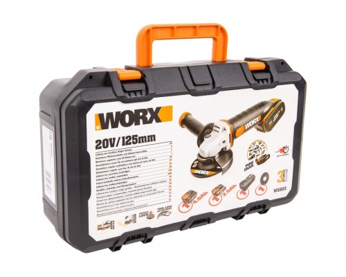 Угловая шлифмашина аккумуляторная WORX WX803, 20В, 125 мм, 1*2,0Ач + 1*4,0 Ач, кейс