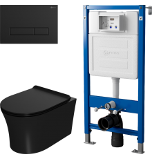 Комплект Унитаз подвесной Point Вега PN41711BM черный матовый, безободковый, с микролифтом + Инсталляция PN45122 с контейнером для гигиенических таблеток + Кнопка Меркурий PN44831BM черная матовая