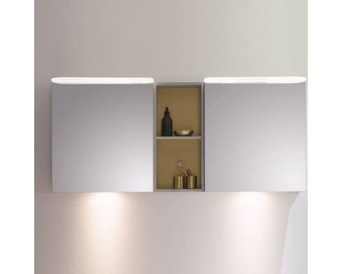 BurgBad Badu Зеркальный шкаф 150х31х66.5см, 2 светильника,2 выкл, 2 зерк двери, стойка с 1 полкой, стекл полки, освещение мойки, цвет: лен серый/Gold. SFUE150K0521T0015