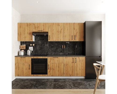 Кухонный гарнитур Domaci Болонья 260 см, фасад дуб вотан, ручка черная, столешница луна KUH-1008827