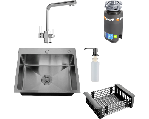 Комплект Мойка кухонная РМС MR-5843BL c корзиной и дозатором, графит + Смеситель MEGA Life MG-TK06 хром + Измельчитель Bort Titan 4000