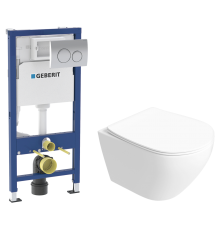Комплект Унитаз подвесной STWORKI Кронборг S28401WH безободковый, с микролифтом + Инсталляция Geberit Delta 20 458.118.21.2 с кнопкой смыва, хром