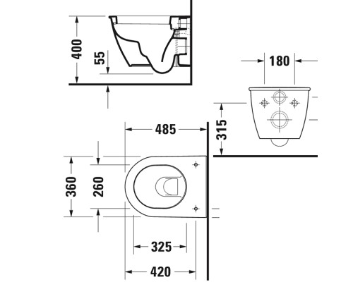Duravit Darling New Унитаз подвесной компакт с вертикальным смывом, вкл. крепление Durafix, 36х48см., цвет: белый. 2549090000