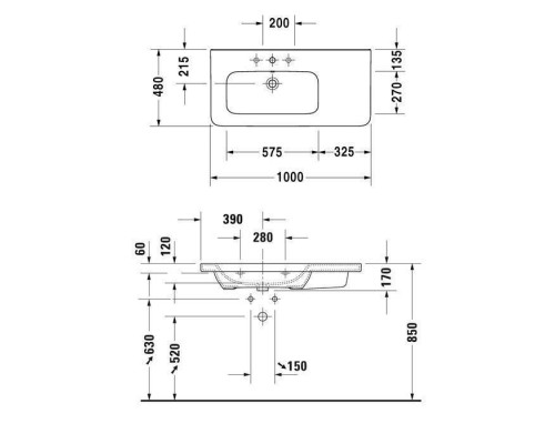 Duravit DuraStyle Раковина 100х48 см, 3 отв., с переливом, цвет: белый. 2325100030