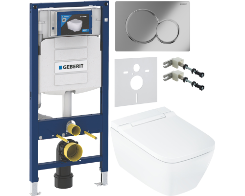 Комплект Умный подвесной Geberit AquaClean Sela Square безободковый, с биде, белый + Инсталляция Duofix UP 320 111.300.00.5 + Кнопка Sigma 01 115.770.21.5 хром + Звукоизоляция 156.050.00.1 + Крепления 111.815.00.1 к стене