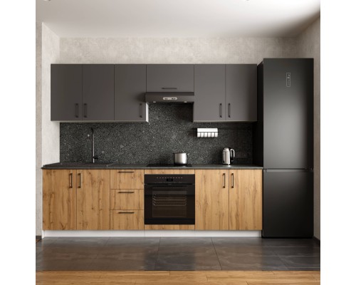 Кухонный гарнитур Domaci Болонья 260 см, фасад дуб вотан, графит, ручка черная, столешница луна KUH-1008814