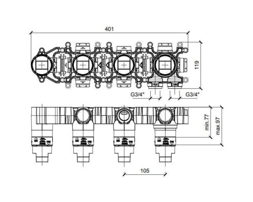 Almar Modular Встраиваемая часть термостатического смесителя с переключателем на 2 положения, горизонтальный модуль, цвет: черный матовый. E176910
