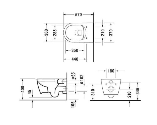 Duravit ME BY Starck Унитаз подвесной 57х37см., Rimless, включая крепление Durafix, цвет: белый матовый. 25290926001