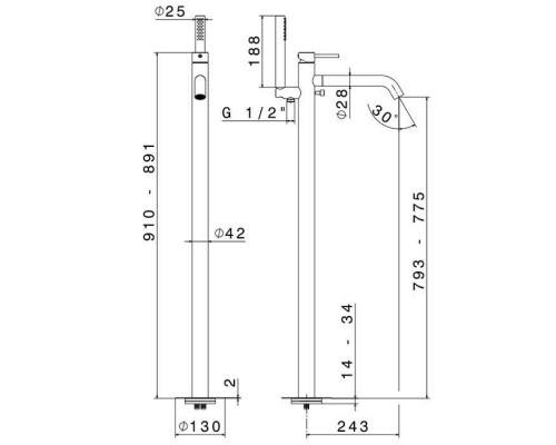 Newform X-STEEL 316 Смеситель для ванны напольный, излив 243 мм, в компл: руч. душ, шланг, без встр. части, цвет: PVD Brushed pale gold. 69684EX.59.098 Newform X-STEEL 316 Смеситель для ванны напольный, излив 243 мм, в компл: руч. душ, шланг, без встр. части, цвет: PVD Brushed pale gold. 69684EX.59.098