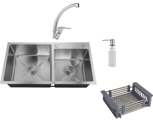 Комплект Мойка кухонная РМС MR-7843 c корзиной и дозатором, нержавеющая сталь + Смеситель MEGA Mega MG-BMK016 хром