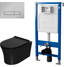 Комплект Унитаз подвесной Point Вега PN41711BM черный матовый, безободковый, с микролифтом + Инсталляция PN45122 с контейнером для гигиенических таблеток + Кнопка Меркурий PN44831C хром