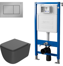 Комплект Унитаз подвесной Point Меркурий PN41831GM серый матовый, безободковый, с микролифтом + Инсталляция PN45122 с контейнером для гигиенических таблеток + Кнопка Ника PN44081C хром