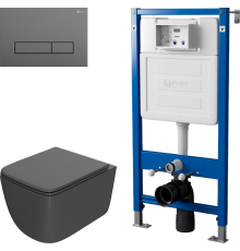 Комплект Унитаз подвесной Point Меркурий PN41831GM серый матовый, безободковый, с микролифтом + Инсталляция PN45122 с контейнером для гигиенических таблеток + Кнопка PN44831GM графит