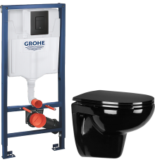 Комплект Унитаз подвесной Wanfald Lauta 47374100005 черный + Инсталляция Grohe Solido 38811KF0 3 в 1 с кнопкой смыва