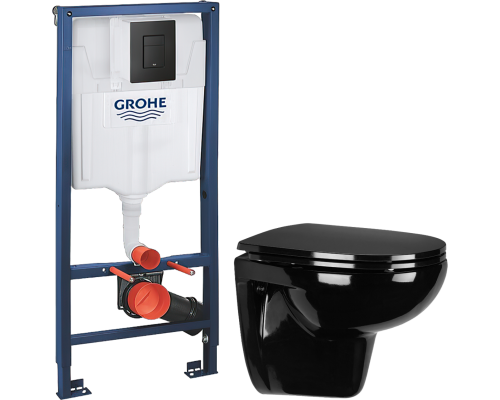 Комплект Унитаз подвесной Wanfald Lauta 47374100005 черный + Инсталляция Grohe Solido 38811KF0 3 в 1 с кнопкой смыва