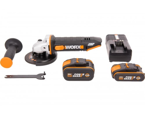 Угловая шлифмашина аккумуляторная WORX WX803, 20В, 125 мм, 1*2,0Ач + 1*4,0 Ач, кейс
