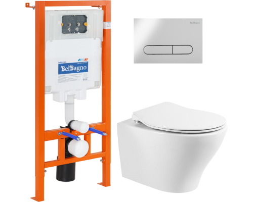 Комплект Унитаз подвесной BelBagno Acqua BB340CHR крышка BB2020SC, безободковый, с микролифтом + Система инсталляции для унитазов BelBagno BB002-80 с