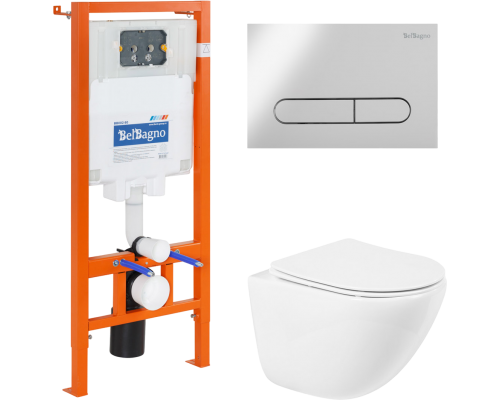 Комплект Унитаз подвесной BelBagno Amanda BB051CHR безободковый, крышка BB051SC, инсталляция BB002-80 с кнопкой BB005-PR-CHROME
