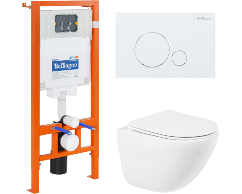 Комплект Унитаз подвесной BelBagno Amanda BB051CHR безободковый, крышка BB051SC, инсталляция BB002-80 с кнопкой BB014-SR-BIANCO