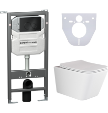Комплект Унитаз подвесной Ceramicanova Metric CN3007 безободковый, с микролифтом + Инсталляция Envision CN1001B + Кнопка Round, черная матовая