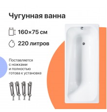 Чугунная ванна DIWO Кострома 160x75 см, с ножками