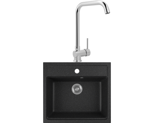 Комплект  Мойка кухонная Domaci Бьелла DMC-06 черная, встраиваемая, накладная, искусственный мрамор, прямоугольная, российская + Смеситель для кухни M
