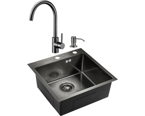 Комплект Мойка кухонная Domaci Равенна PVD DMB-117A черная, металлическая, квадратная, встраиваемая, российская + Смеситель DCB 3004 черный + Дозатор 401 черный