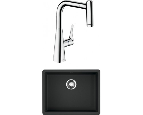 Комплект Мойка кухонная Omoikiri Kata 54-U-BL черная + Смеситель Hansgrohe Metris M71 14834000 хром